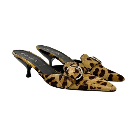 Prada Brown Pony Style Animal Print Big Buckle Calfhair Kitten Heel Mules sz 41 - Picture 1 of 9